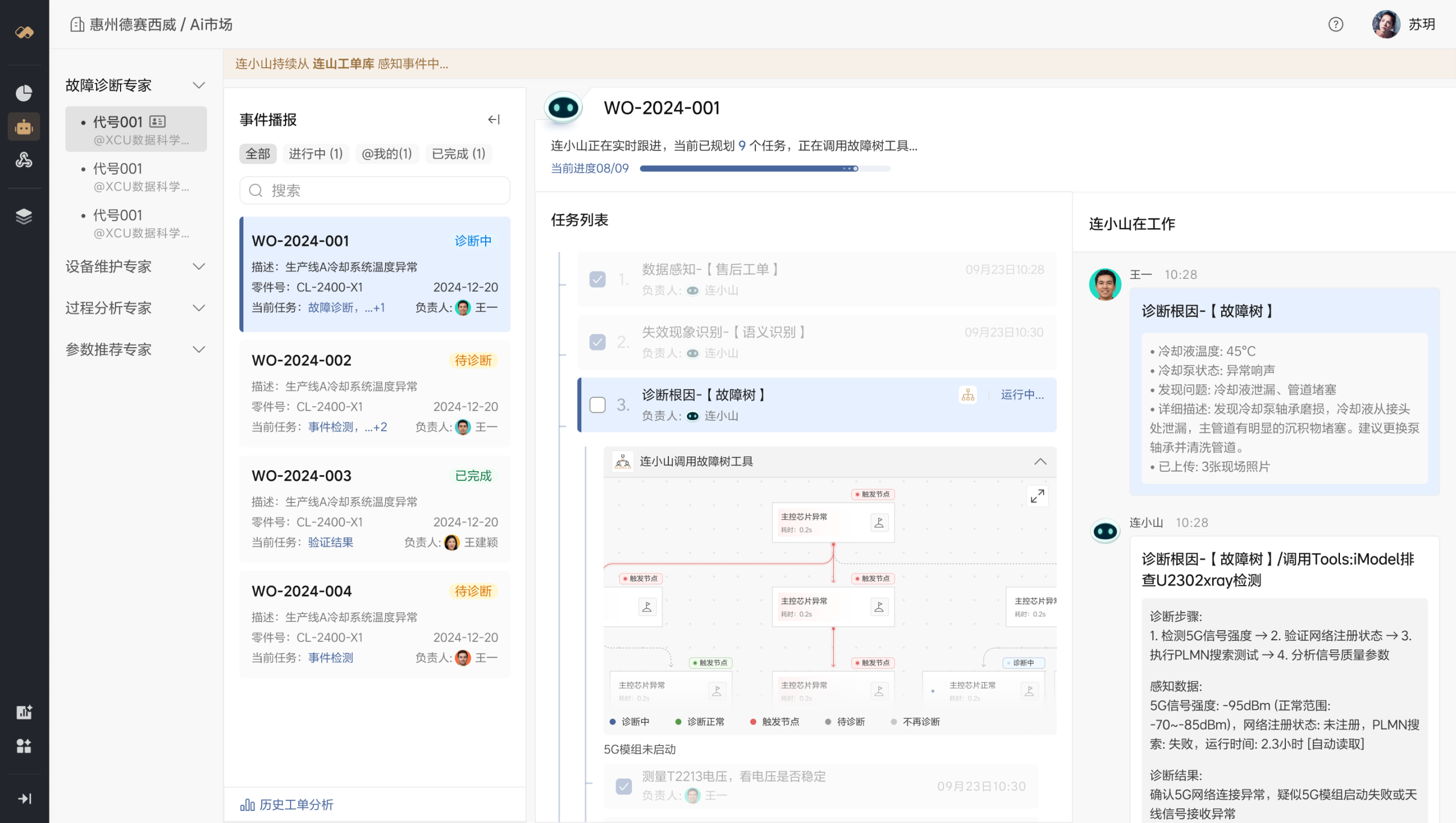 连小山故障诊断工作台，包含事件列表、任务步骤、故障树和 Agent 对话